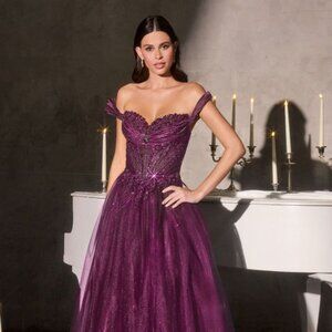 New Eggplant Off Shoulder Beads Embellished Tulle Graduation Dress CD CC493